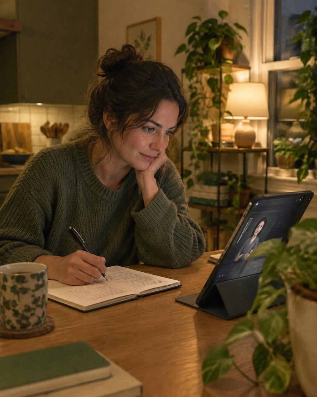 Woman studying with an AI tutor and taking notes at home